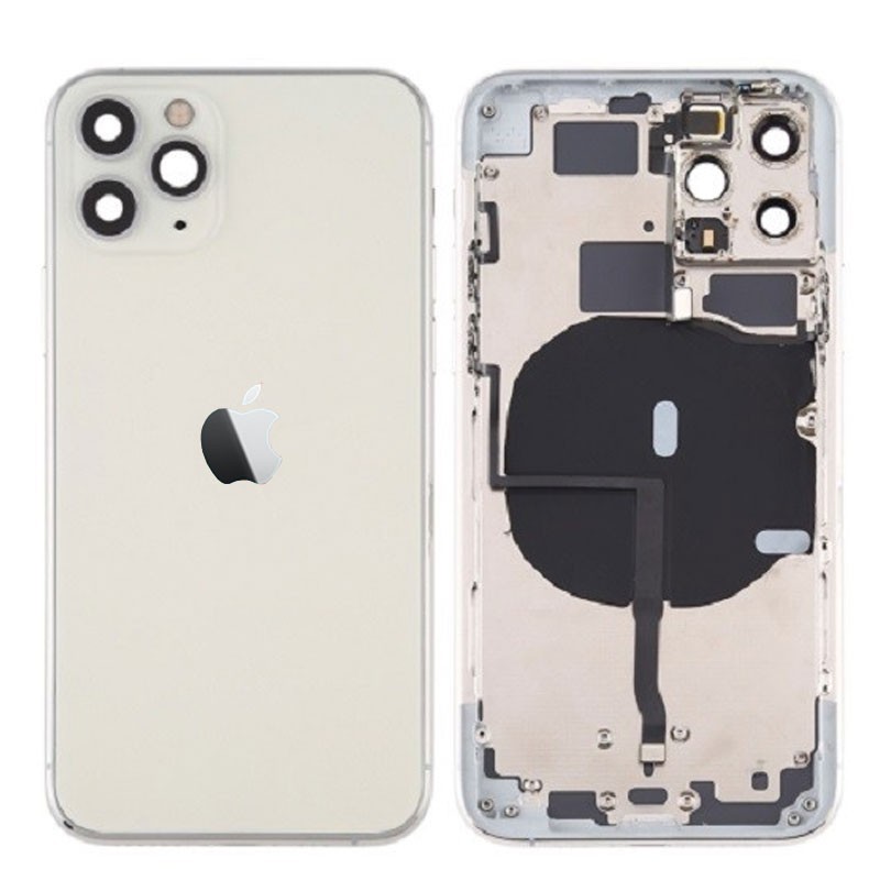Chasis iPhone 11 Pro Max (carcasa tapa trasera con logo + marco) Blanco/ plata