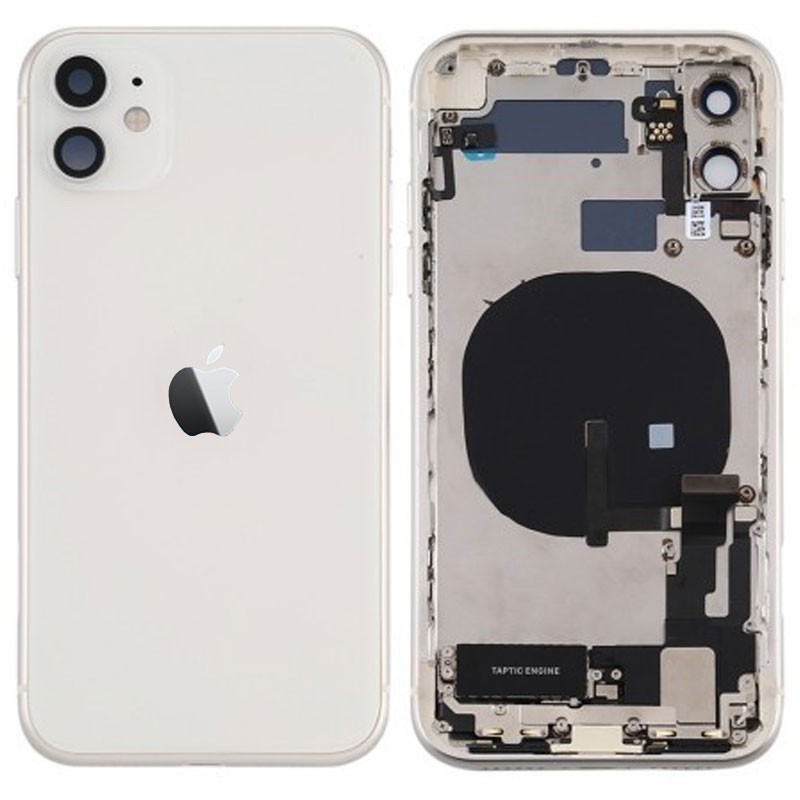 Chasis iphone 11 (carcasa tapa trasera con logo + marco) Blanco/ Plata
