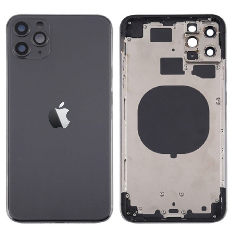 Chasis sin componentes iphone 11 pro max (carcasa tapa trasera con logo + marco) Negro