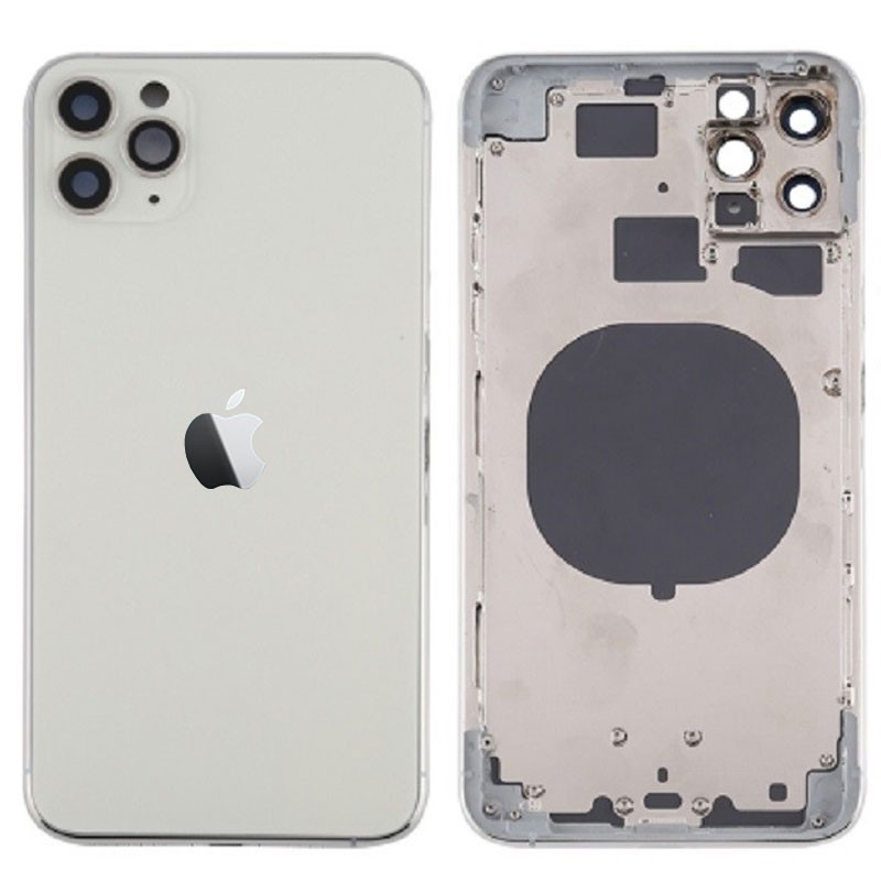 Chasis sin componentes iphone 11 pro max (carcasa tapa trasera con logo + marco) Blanco/ Plata