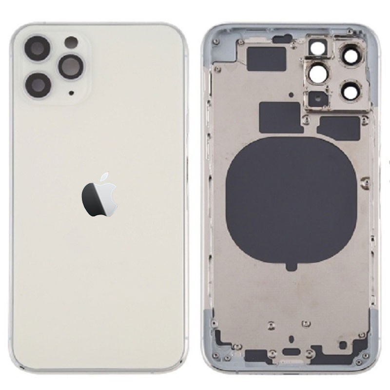 Chasis sin componentes iphone 11 pro (carcasa tapa trasera con logo + marco) Blanco/ Plata