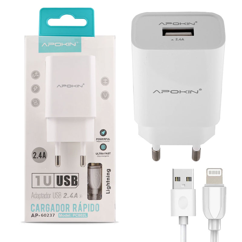 Cargador carga rapida movil APOKIN PC802L USB-A 2.4 A Cable Lightning