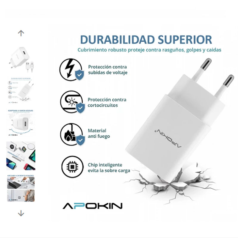 Cargador carga rapida movil APOKIN PC802L USB-A 2.4 A Cable Lightning