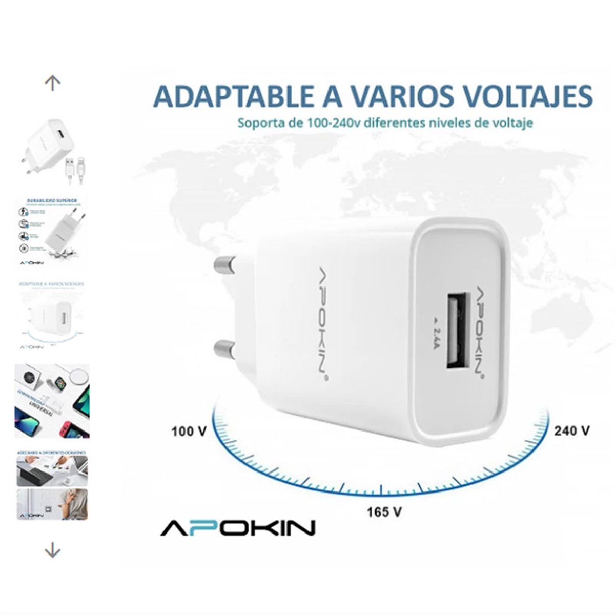 Cargador carga rapida movil APOKIN PC802L USB-A 2.4 A Cable Lightning