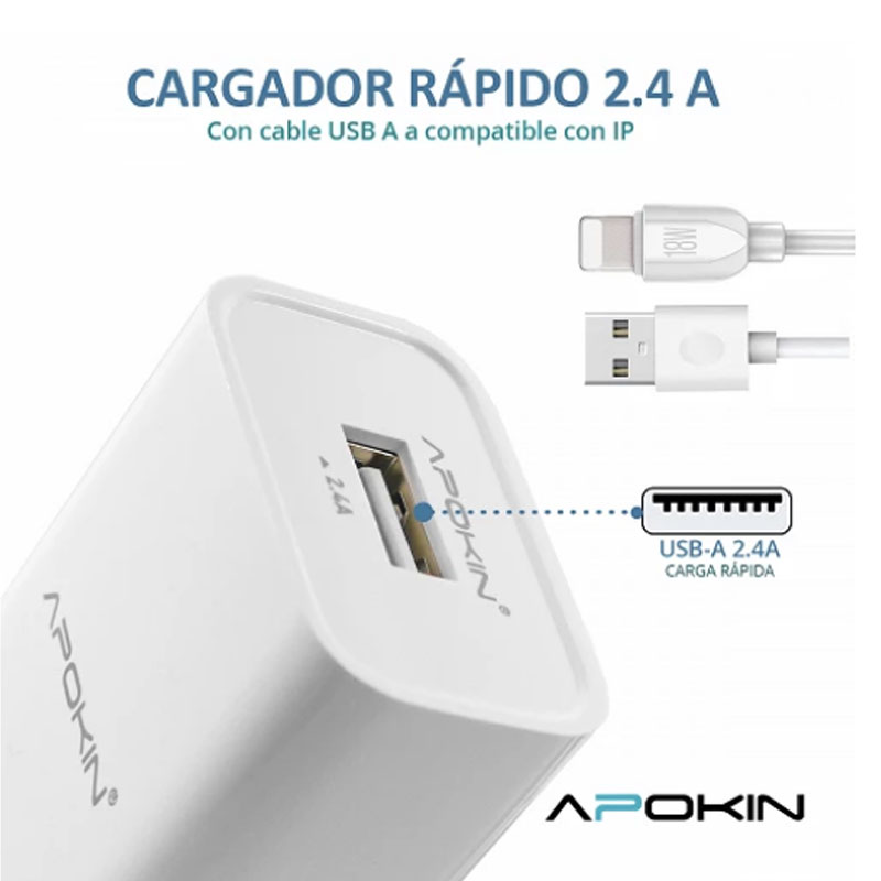 Cargador carga rapida movil APOKIN PC802L USB-A 2.4 A Cable Lightning