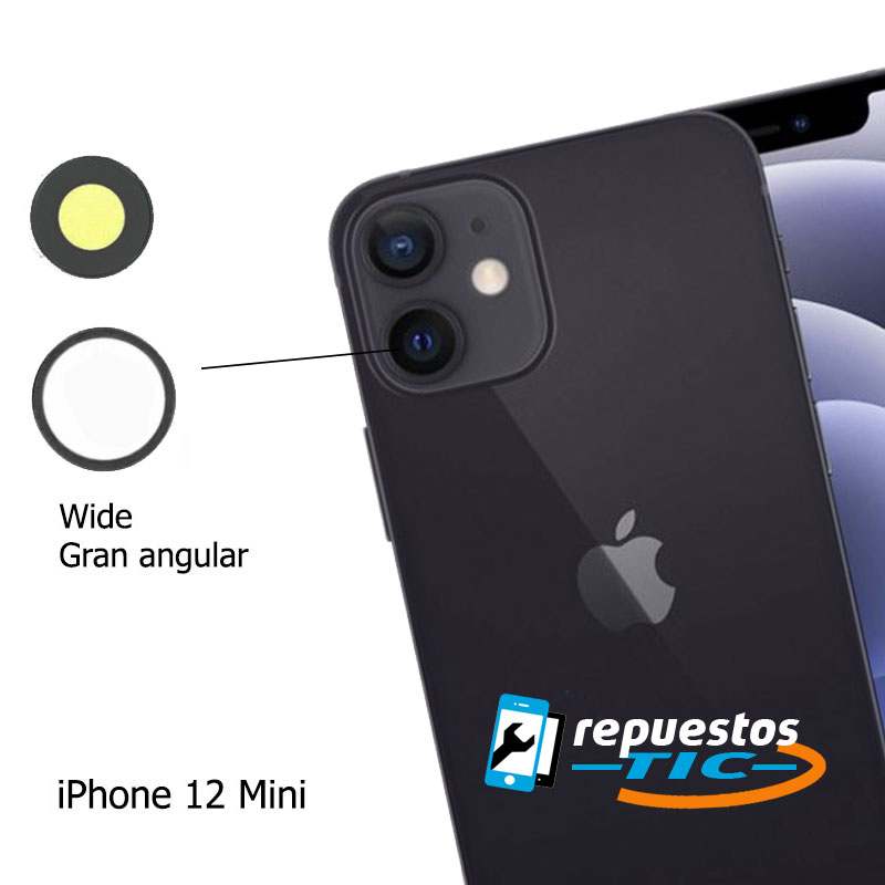 Lente camara trasera con marco iPhone 12 Mini negro (inferior, Gran Angular)