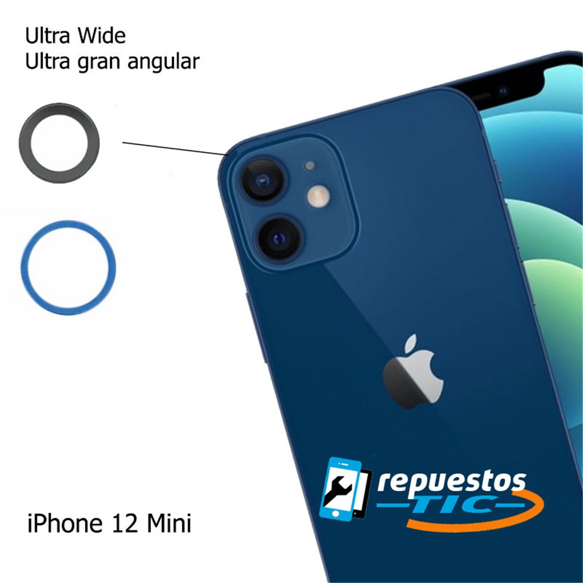 Lente camara trasera con marco iPhone 12 Mini Azul (superior, Ultra Gran Angular)