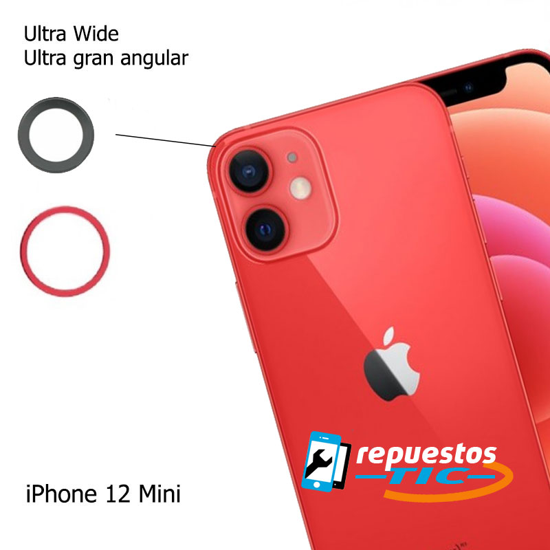 Lente camara trasera con marco iPhone 12 Mini Rojo (superior, Ultra Gran Angular)