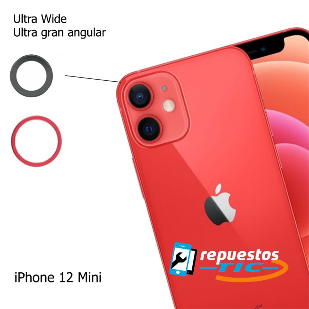Lente camara trasera con marco iPhone 12 Mini Rojo (superior, Ultra Gran Angular)