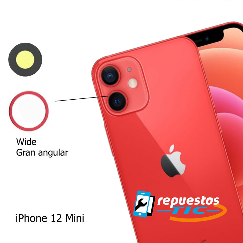 Lente camara trasera con marco iPhone 12 Mini Rojo (inferior, Gran Angular)