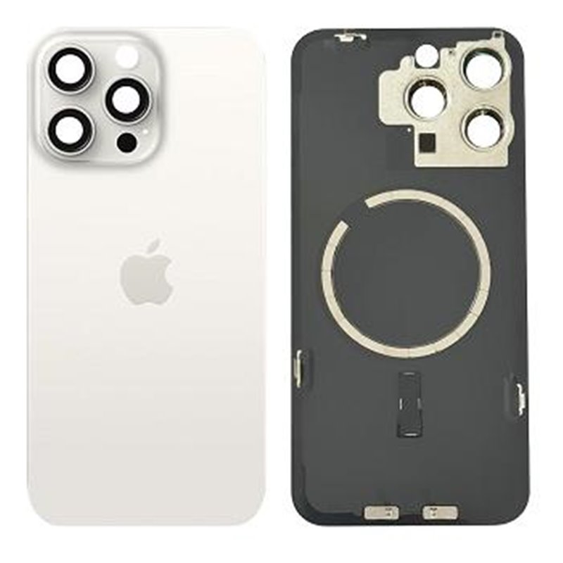 Tapa trasera iPhone 15 Pro Max (con lente) y soporte metal (Blanco)