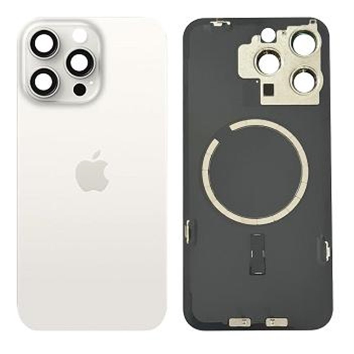 Tapa trasera iPhone 15 Pro Max (con lente) y soporte metal (Blanco)