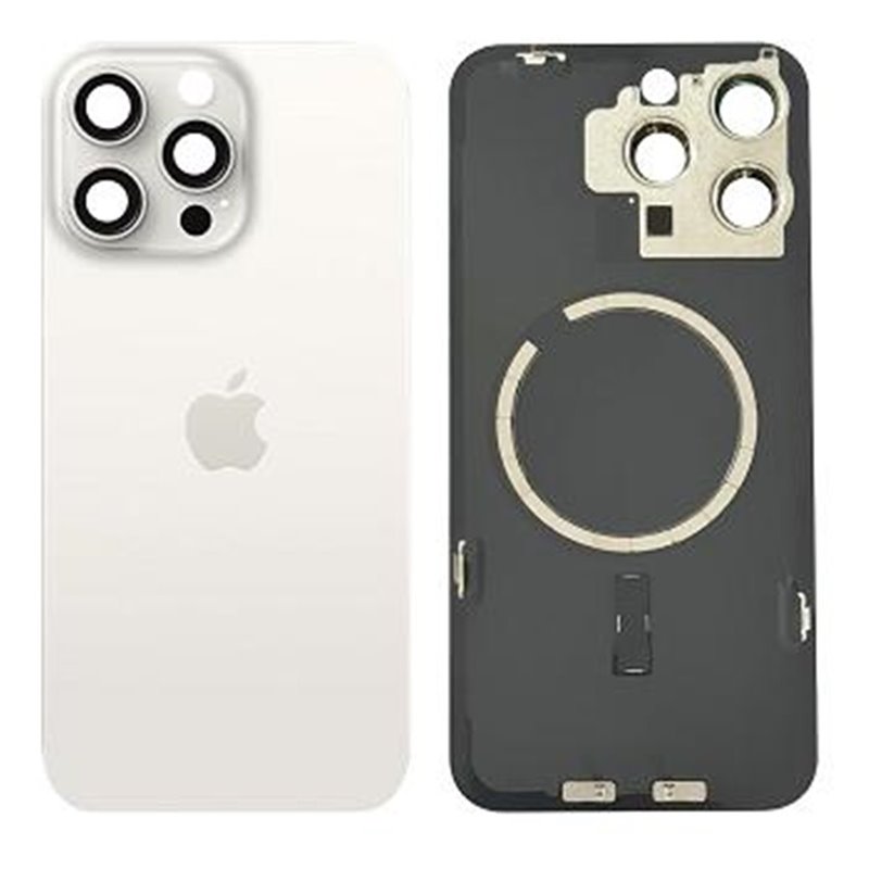 Tapa trasera iPhone 15 Pro (con lente) y soporte metal (blanco)