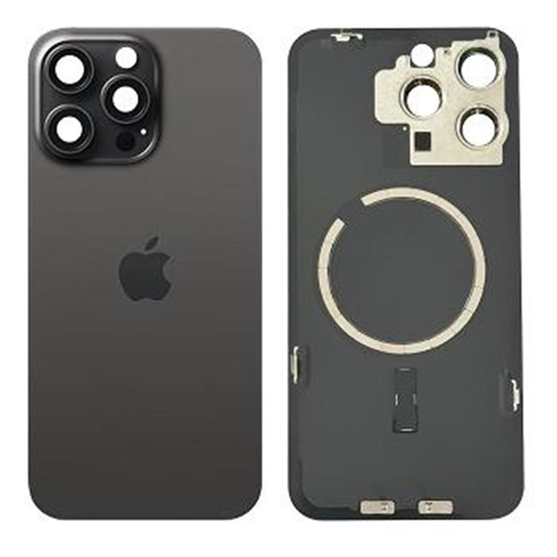 Tapa trasera iPhone 15 Pro (con lente) y soporte metal (negro)