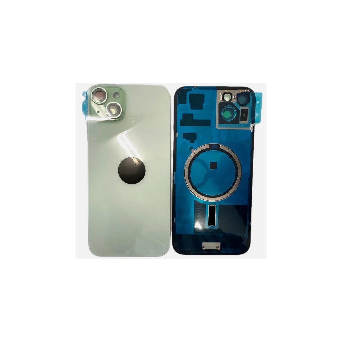 Tapa trasera iPhone 15 (con lente) y soporte metal (verde)