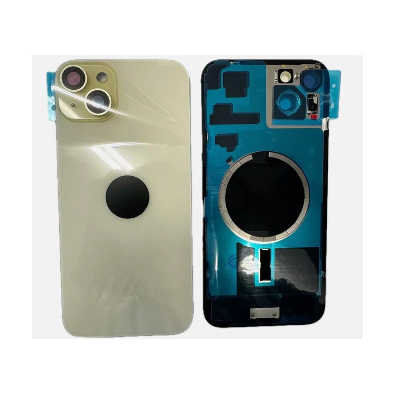 Tapa trasera iPhone 15 (con lente) y soporte metal (amarillo)