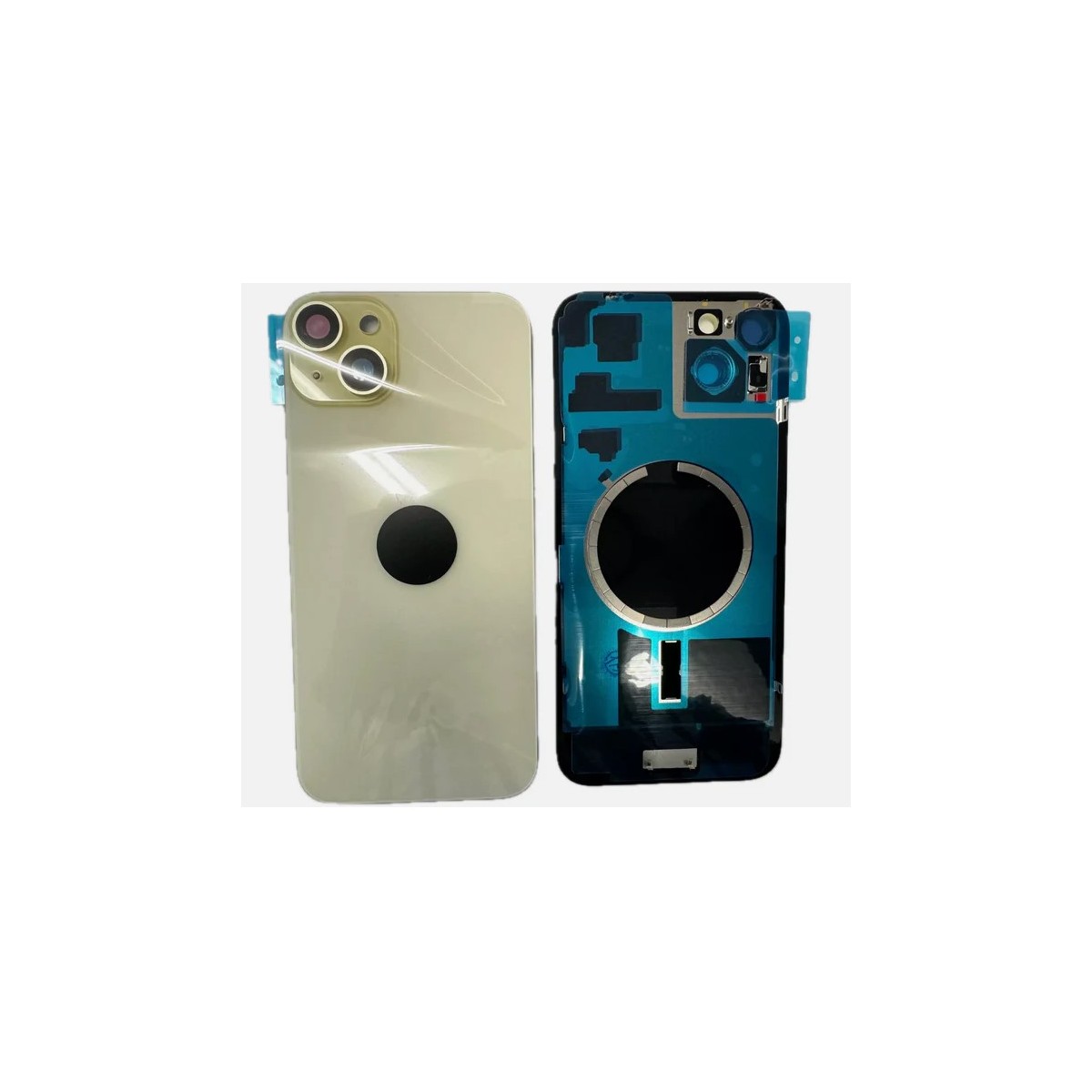 Tapa trasera iPhone 15 (con lente) y soporte metal (amarillo)